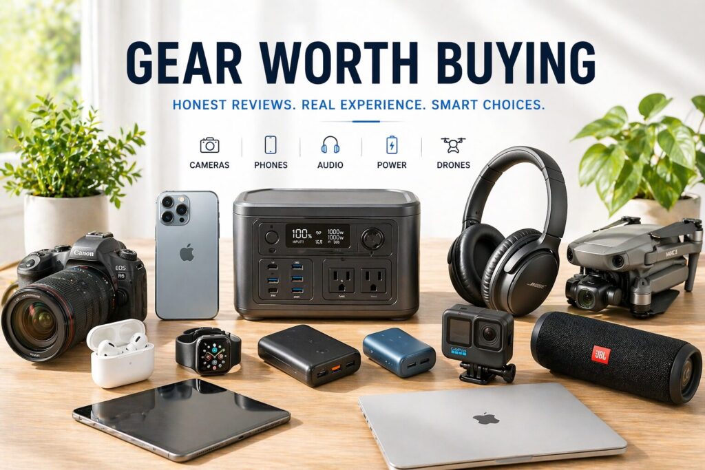 Bright homepage image showing tech gear including camera, smartphone, headphones, power banks and portable power station
